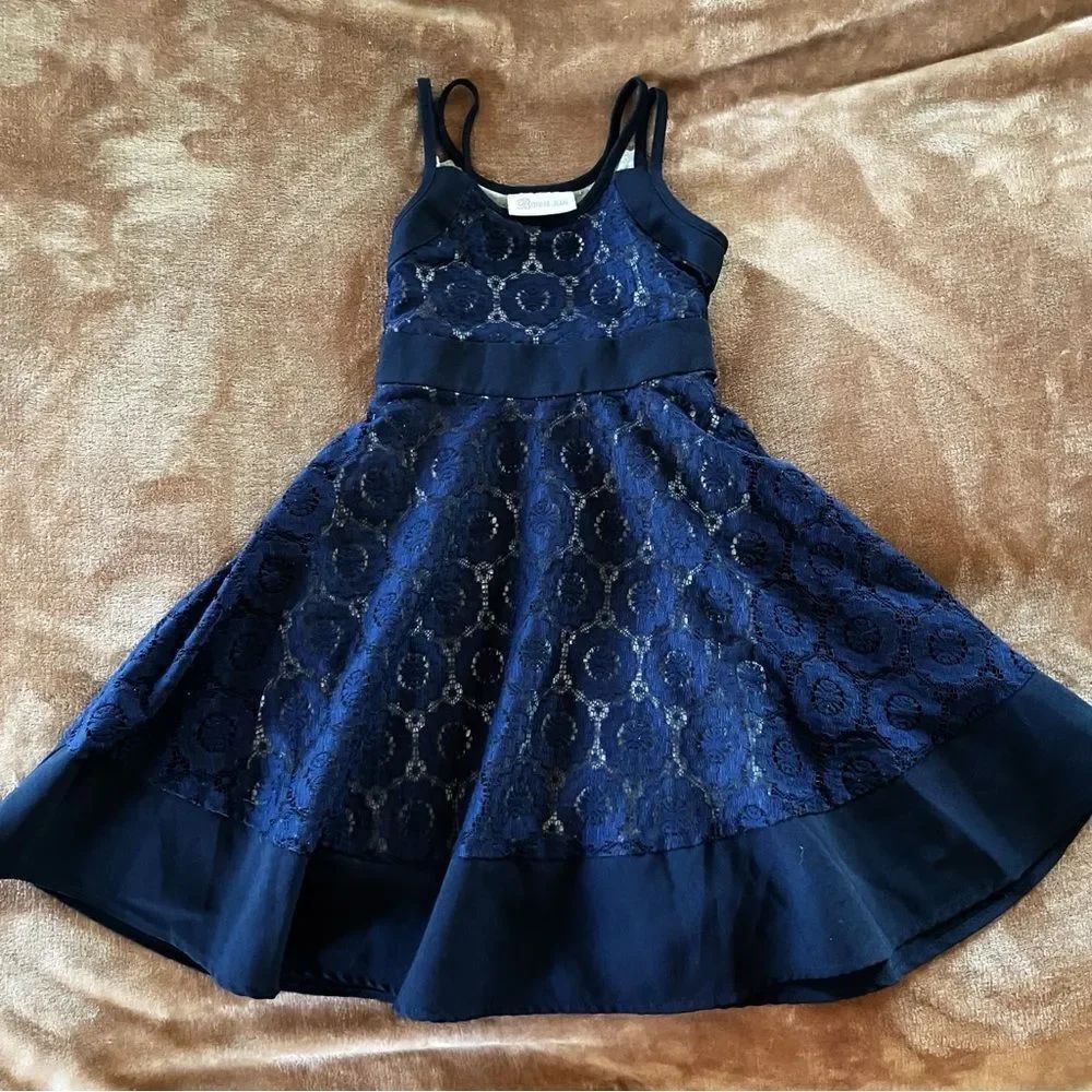Bonnie Jean Girls Navy over Grey Blue Lace Formal Dress with Sash Size 6